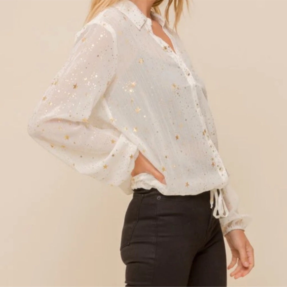 Hem & Thread Sheer White and Gold Star Button Down Shirt